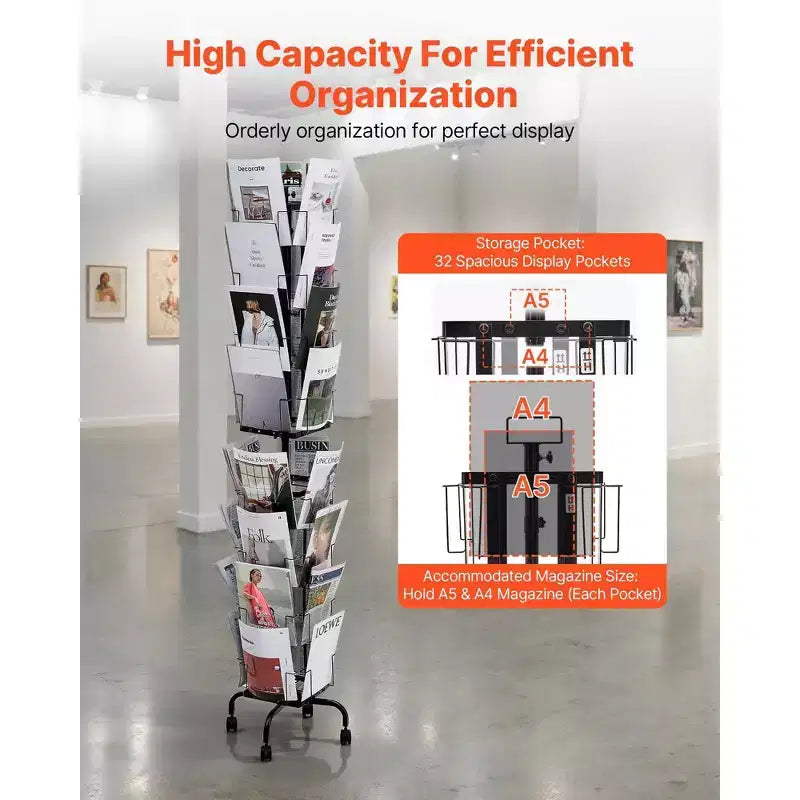 32-Pocket Rotating Card Display Stand with Wheels and Sign Holder - 360 Degree Spinning Rack