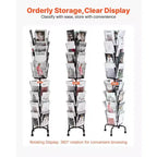 32-Pocket Rotating Card Display Stand with Wheels and Sign Holder - 360 Degree Spinning Rack