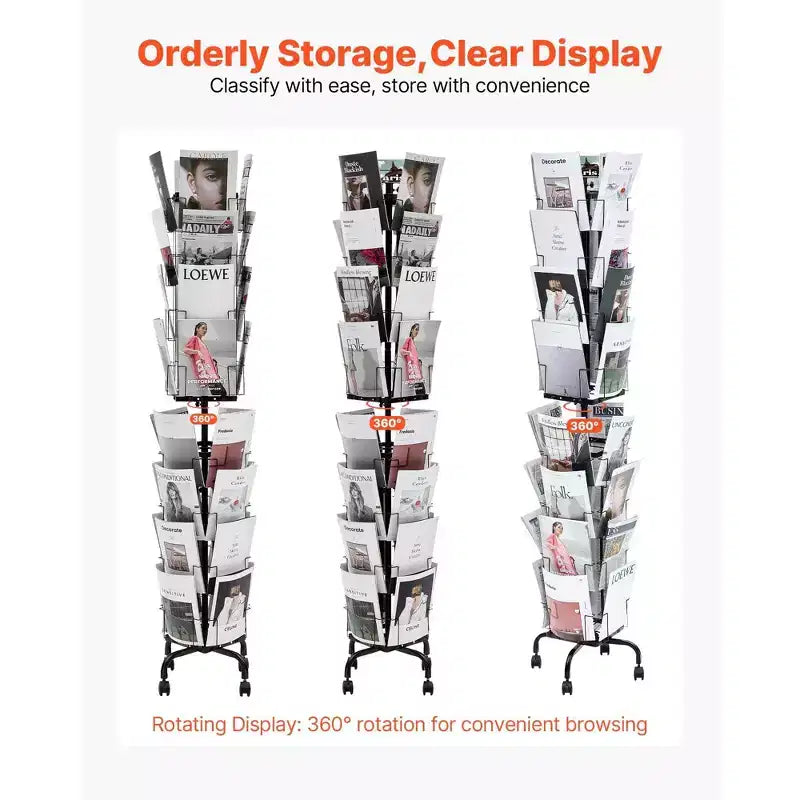 32-Pocket Rotating Card Display Stand with Wheels and Sign Holder - 360 Degree Spinning Rack