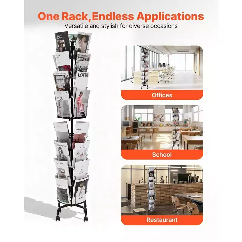 32-Pocket Rotating Card Display Stand with Wheels and Sign Holder - 360 Degree Spinning Rack
