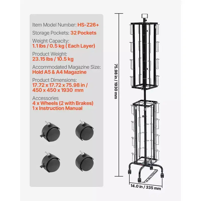 32-Pocket Rotating Card Display Stand with Wheels and Sign Holder - 360 Degree Spinning Rack