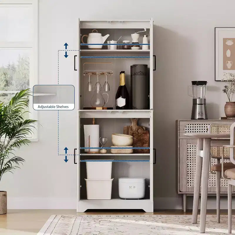 Farmhouse Kitchen Pantry Cabinet, 71 Tall Wood Pantry Storage Cabinet with 4 Doors & Adjustable Shelves, Cupboard for Dining Room Living Room