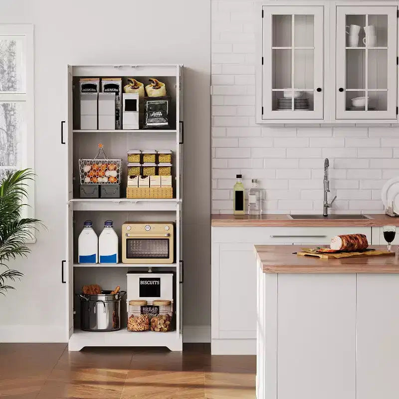 Farmhouse Kitchen Pantry Cabinet, 71 Tall Wood Pantry Storage Cabinet with 4 Doors & Adjustable Shelves, Cupboard for Dining Room Living Room