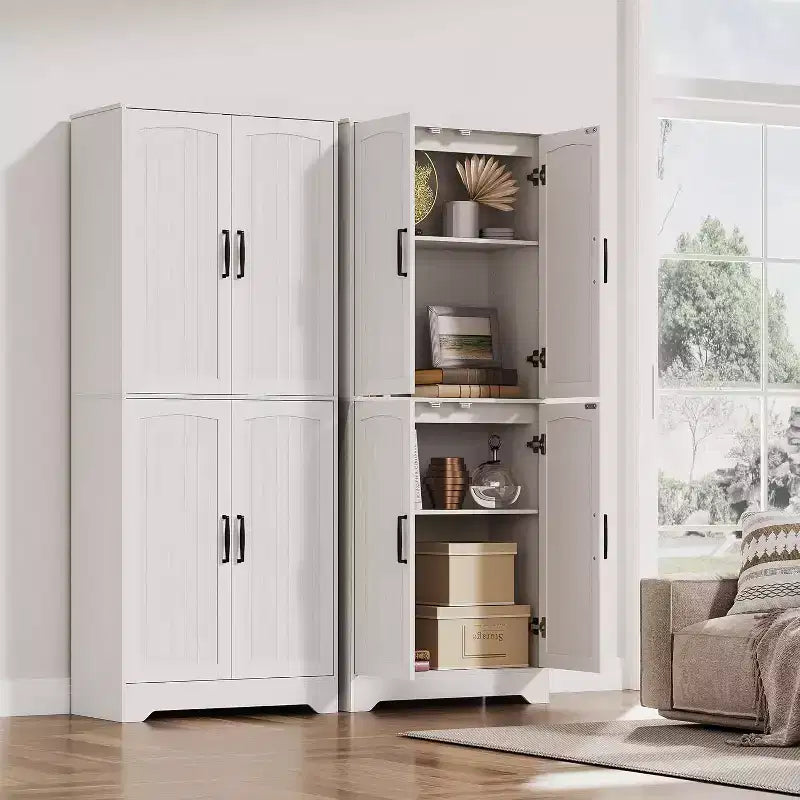Farmhouse Kitchen Pantry Cabinet, 71 Tall Wood Pantry Storage Cabinet with 4 Doors & Adjustable Shelves, Cupboard for Dining Room Living Room