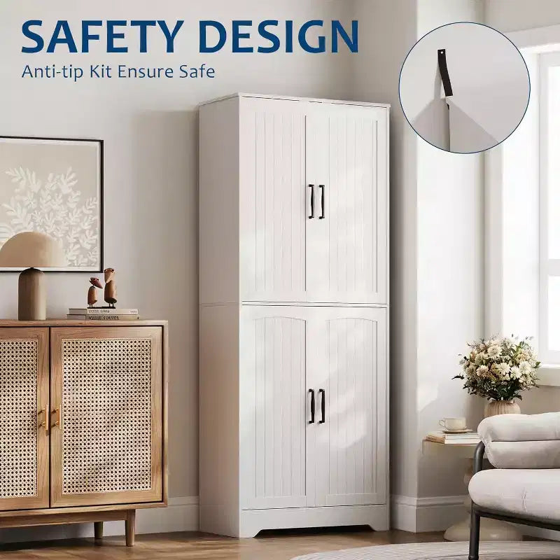 Farmhouse Kitchen Pantry Cabinet, 71 Tall Wood Pantry Storage Cabinet with 4 Doors & Adjustable Shelves, Cupboard for Dining Room Living Room