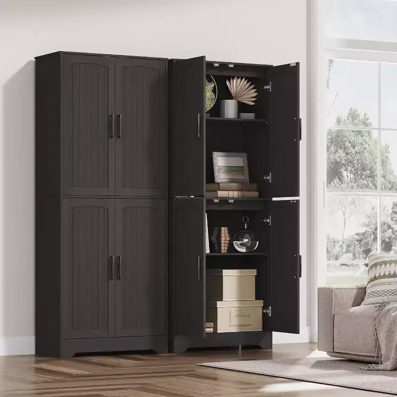 Farmhouse Kitchen Pantry Cabinet, 71 Tall Wood Pantry Storage Cabinet with 4 Doors & Adjustable Shelves, Cupboard for Dining Room Living Room