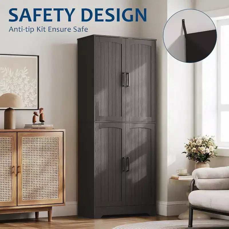 Farmhouse Kitchen Pantry Cabinet, 71 Tall Wood Pantry Storage Cabinet with 4 Doors & Adjustable Shelves, Cupboard for Dining Room Living Room