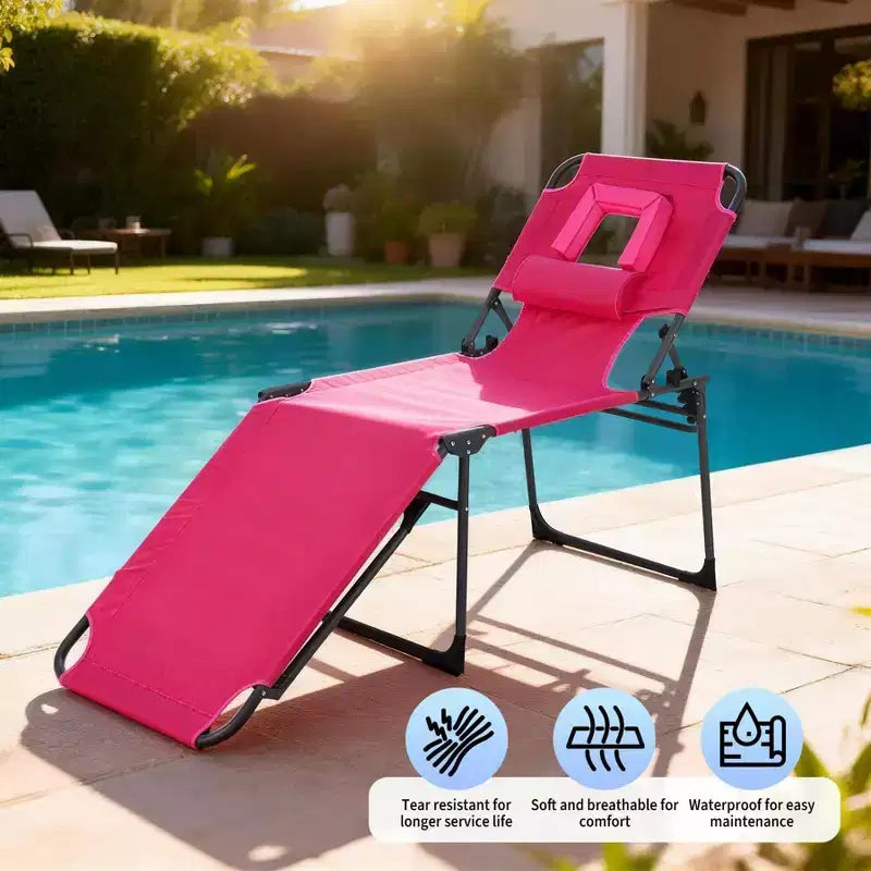Folding Sun Lounger with Face Hole  75 x 28 Portable Recliner Chair, 5-Position Adjustable Backrest, Includes Pillow & Side Pocket for Beach
