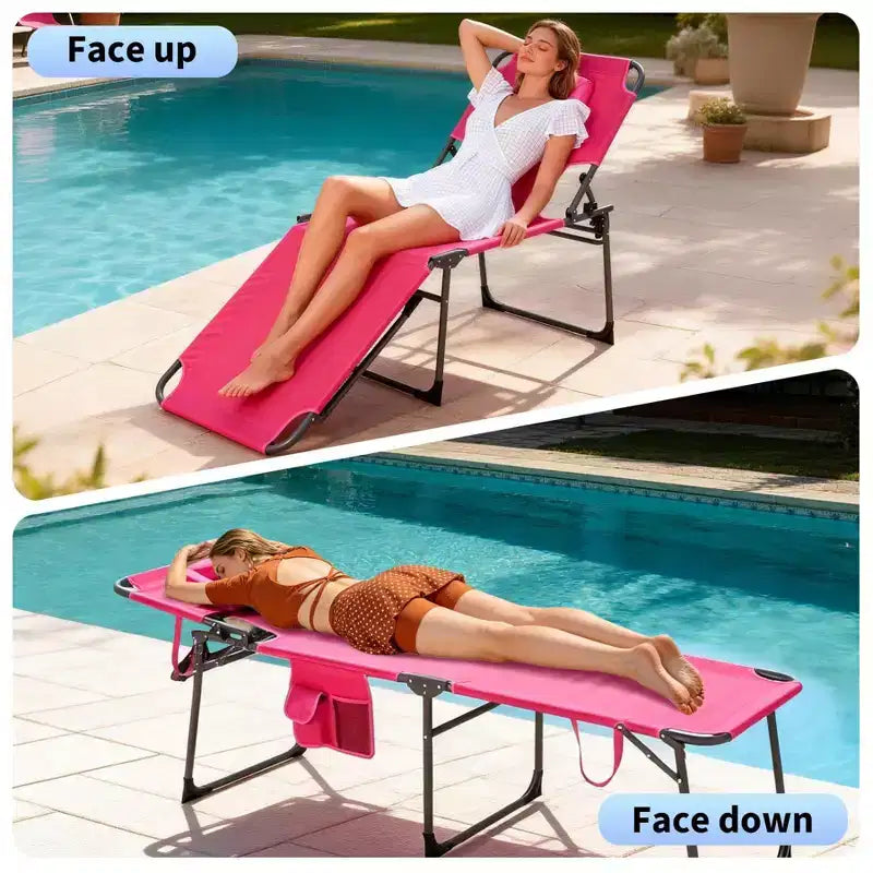 Folding Sun Lounger with Face Hole  75 x 28 Portable Recliner Chair, 5-Position Adjustable Backrest, Includes Pillow & Side Pocket for Beach