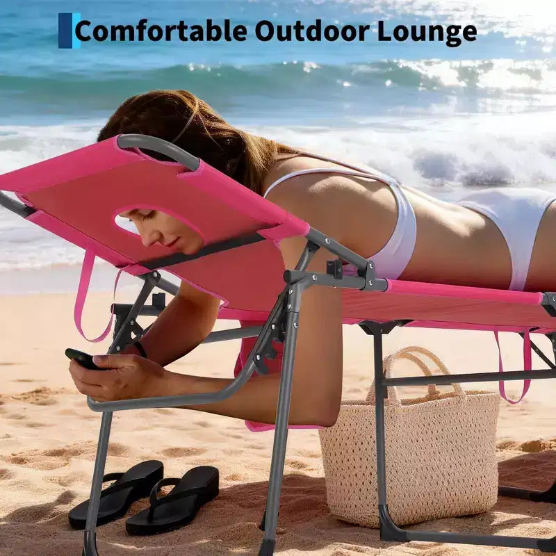Folding Sun Lounger with Face Hole  75 x 28 Portable Recliner Chair, 5-Position Adjustable Backrest, Includes Pillow & Side Pocket for Beach