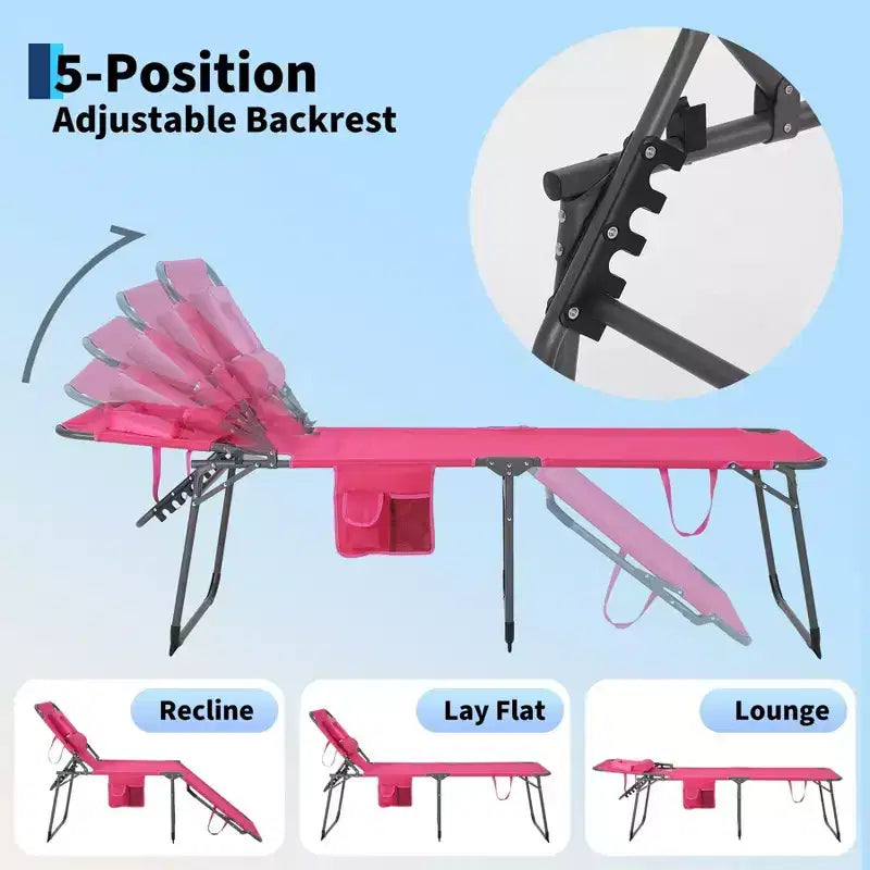 Folding Sun Lounger with Face Hole  75 x 28 Portable Recliner Chair, 5-Position Adjustable Backrest, Includes Pillow & Side Pocket for Beach