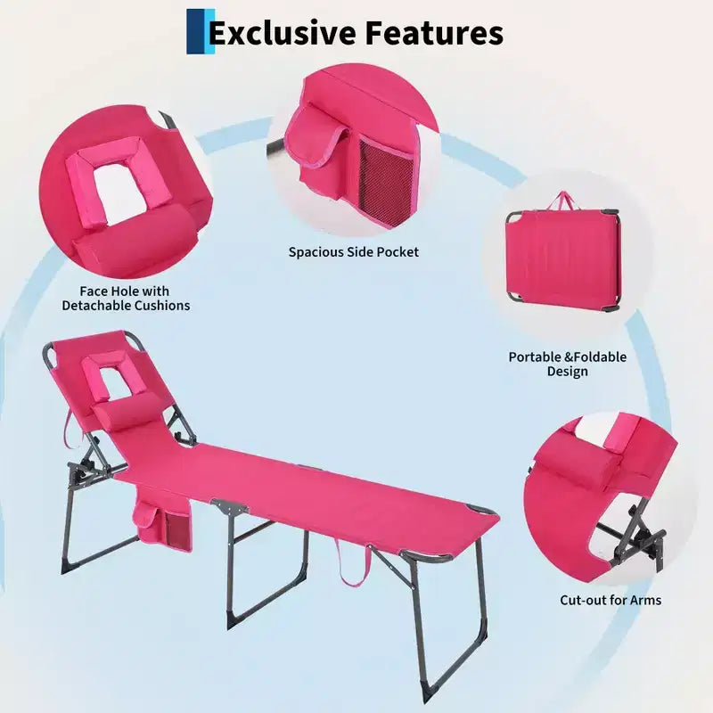 Folding Sun Lounger with Face Hole  75 x 28 Portable Recliner Chair, 5-Position Adjustable Backrest, Includes Pillow & Side Pocket for Beach