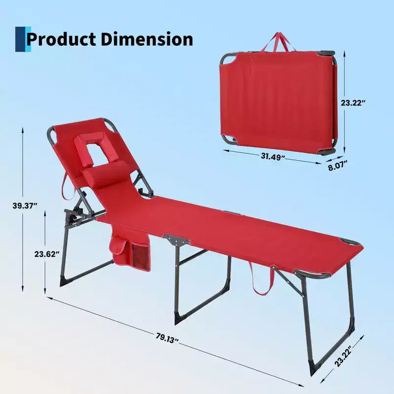 Folding Sun Lounger with Face Hole  75 x 28 Portable Recliner Chair, 5-Position Adjustable Backrest, Includes Pillow & Side Pocket for Beach