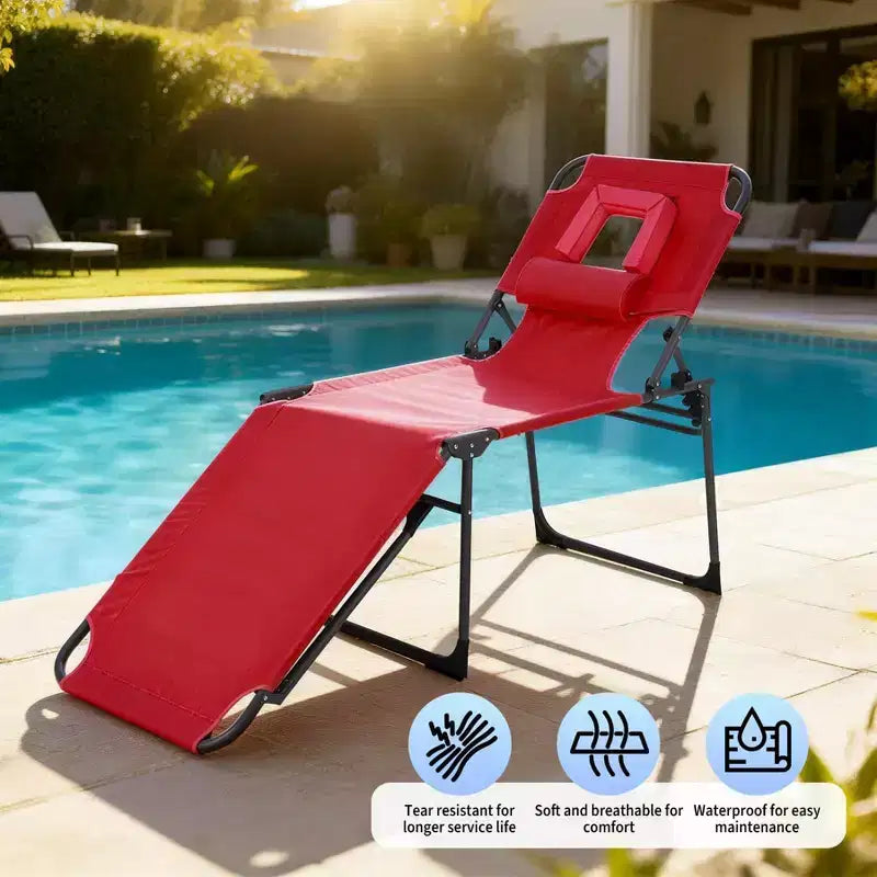 Folding Sun Lounger with Face Hole  75 x 28 Portable Recliner Chair, 5-Position Adjustable Backrest, Includes Pillow & Side Pocket for Beach