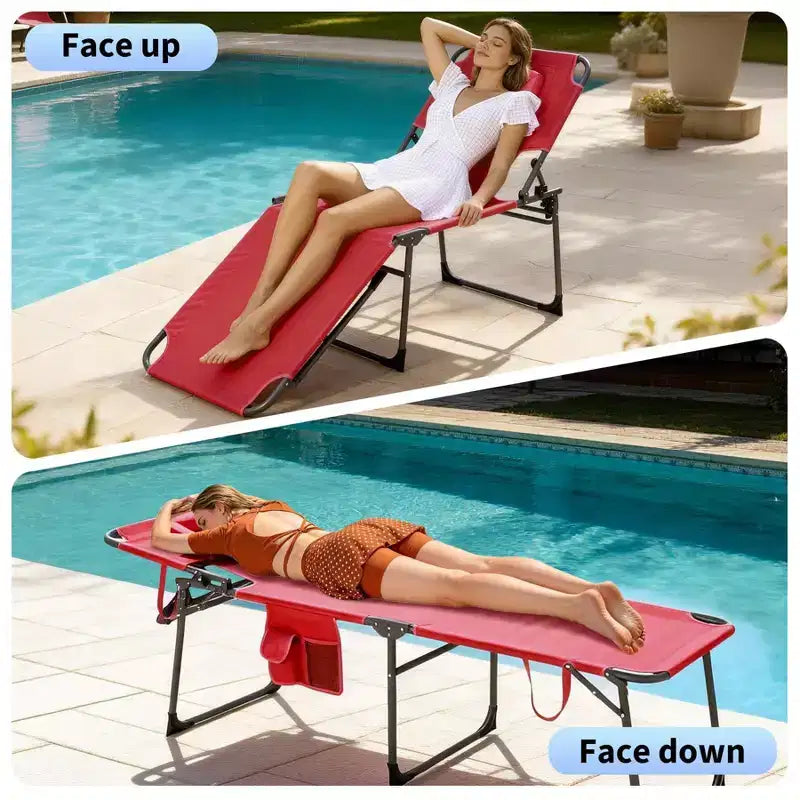 Folding Sun Lounger with Face Hole  75 x 28 Portable Recliner Chair, 5-Position Adjustable Backrest, Includes Pillow & Side Pocket for Beach