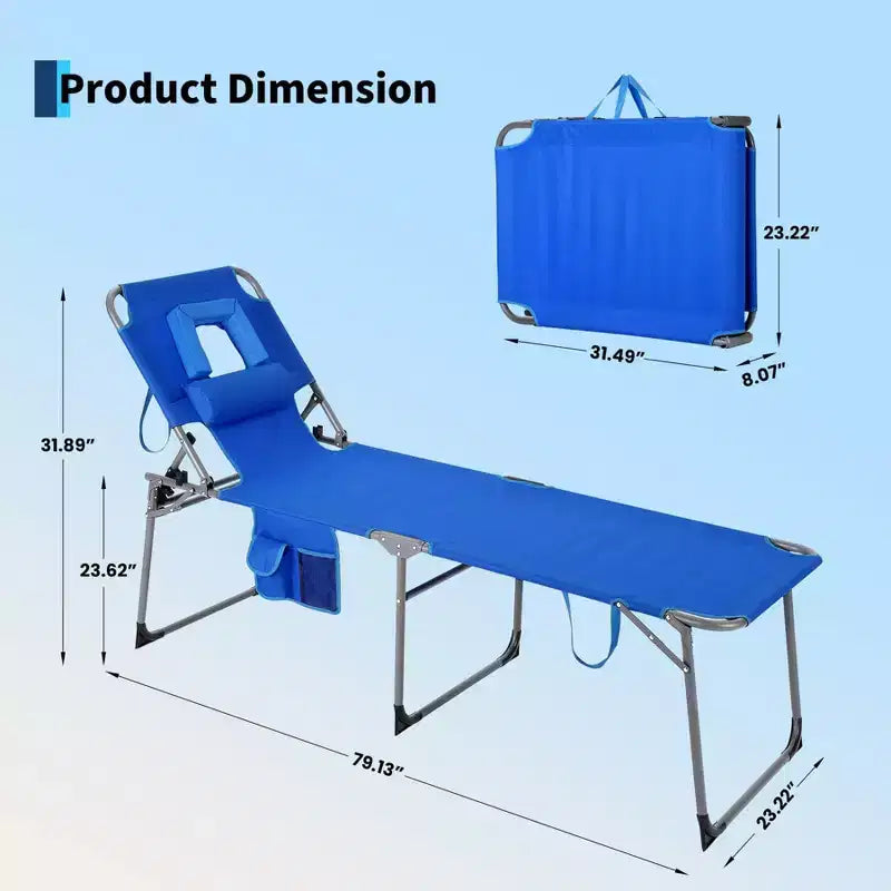 Folding Sun Lounger with Face Hole  75 x 28 Portable Recliner Chair, 5-Position Adjustable Backrest, Includes Pillow & Side Pocket for Beach