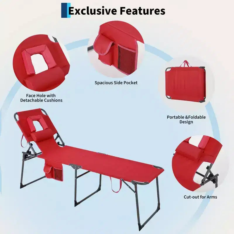 Folding Sun Lounger with Face Hole  75 x 28 Portable Recliner Chair, 5-Position Adjustable Backrest, Includes Pillow & Side Pocket for Beach