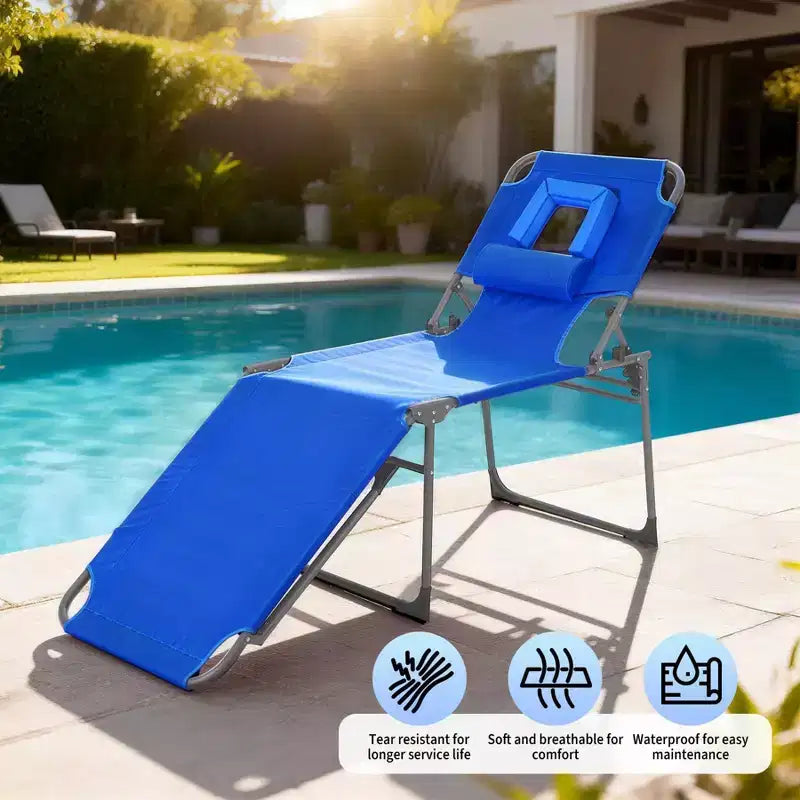Folding Sun Lounger with Face Hole  75 x 28 Portable Recliner Chair, 5-Position Adjustable Backrest, Includes Pillow & Side Pocket for Beach