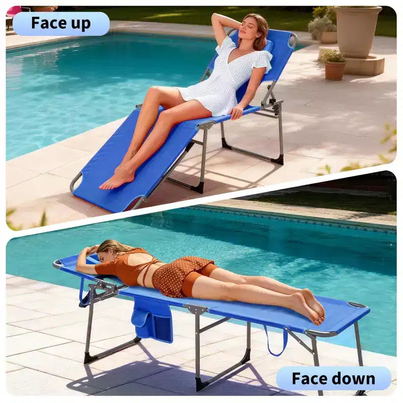 Folding Sun Lounger with Face Hole  75 x 28 Portable Recliner Chair, 5-Position Adjustable Backrest, Includes Pillow & Side Pocket for Beach