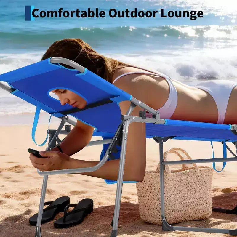 Folding Sun Lounger with Face Hole  75 x 28 Portable Recliner Chair, 5-Position Adjustable Backrest, Includes Pillow & Side Pocket for Beach