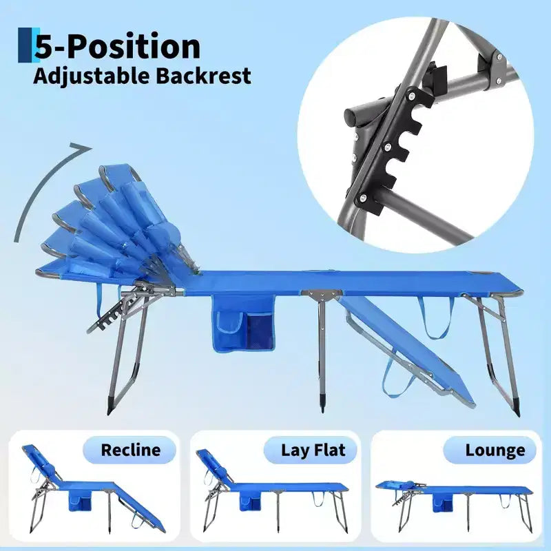 Folding Sun Lounger with Face Hole  75 x 28 Portable Recliner Chair, 5-Position Adjustable Backrest, Includes Pillow & Side Pocket for Beach