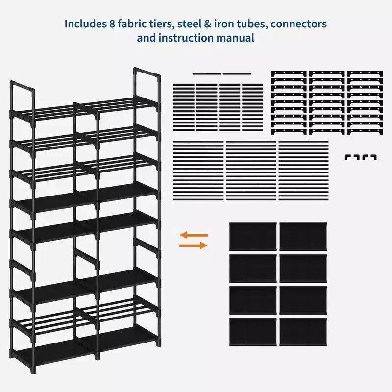 8-Tier Vertical Metal Shoe Rack with Adjustable Shelves, Space-Saving Tall Closet Organizer, Black
