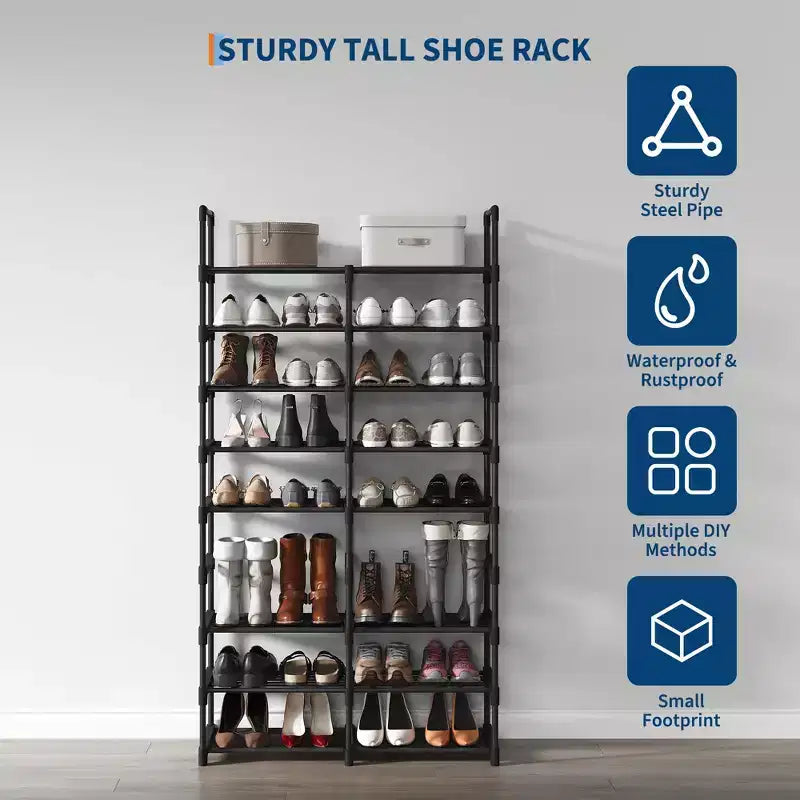 8-Tier Vertical Metal Shoe Rack with Adjustable Shelves, Space-Saving Tall Closet Organizer, Black