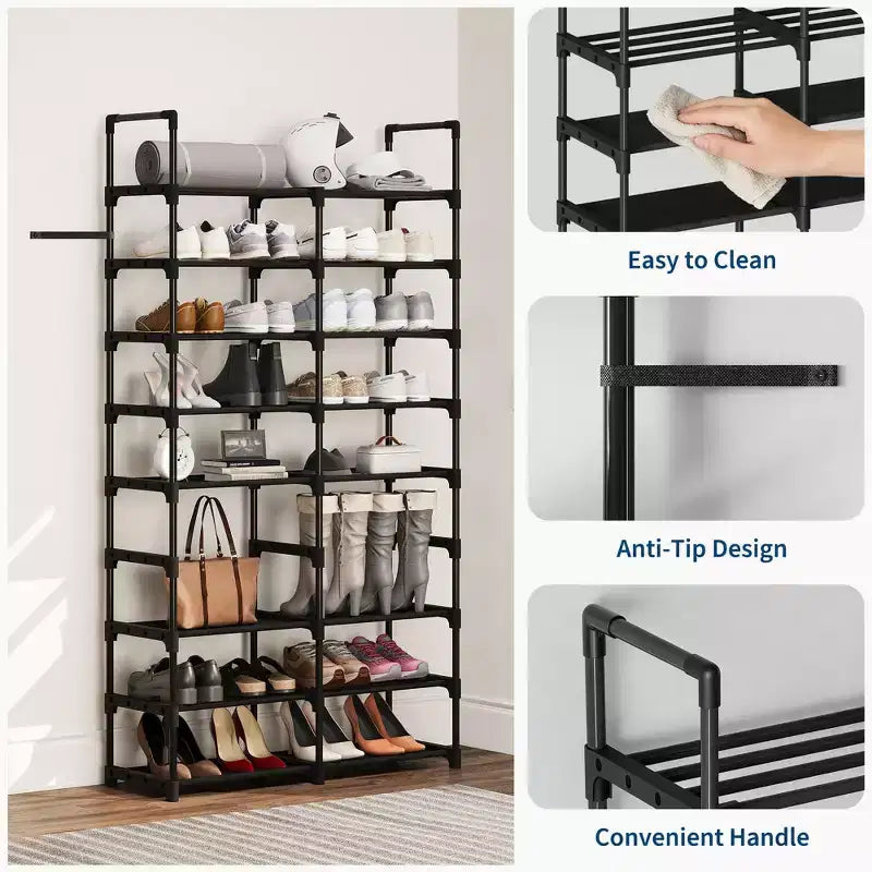 8-Tier Vertical Metal Shoe Rack with Adjustable Shelves, Space-Saving Tall Closet Organizer, Black