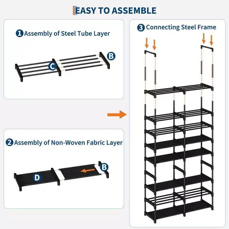 8-Tier Vertical Metal Shoe Rack with Adjustable Shelves, Space-Saving Tall Closet Organizer, Black