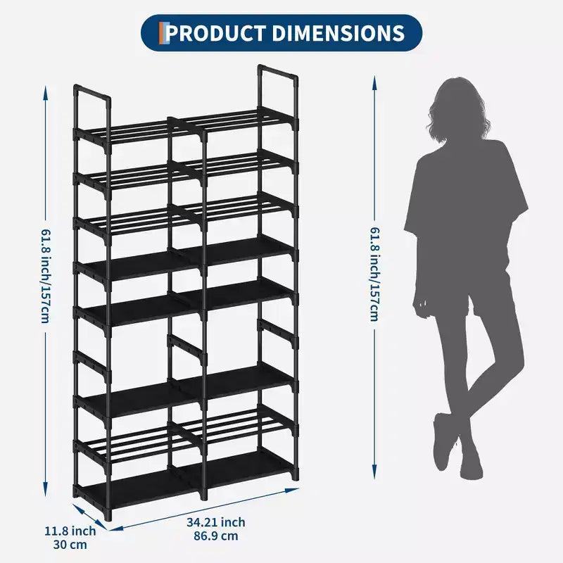 8-Tier Vertical Metal Shoe Rack with Adjustable Shelves, Space-Saving Tall Closet Organizer, Black