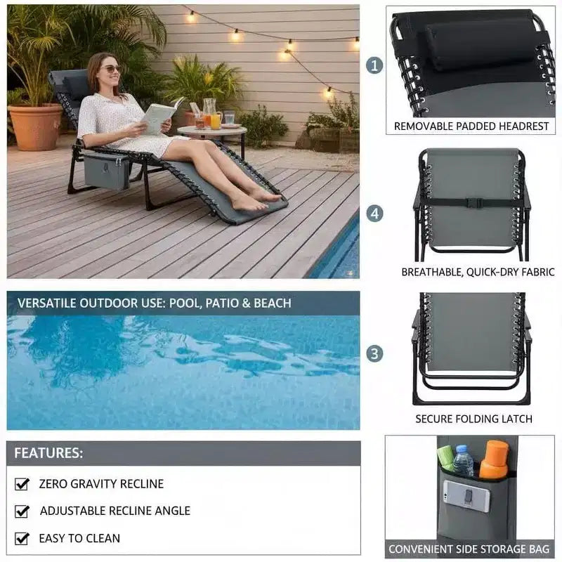 5-Position Adjustable Chaise Lounge - 75 Outdoor Sun Tanning Chair with Pillow & Side Pocket, Portable Folding Recliner for Beach(1-Pack)