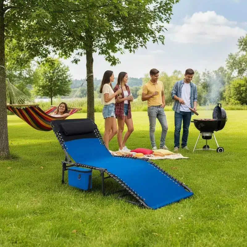 5-Position Adjustable Chaise Lounge - 75 Outdoor Sun Tanning Chair with Pillow & Side Pocket, Portable Folding Recliner for Beach(1-Pack)