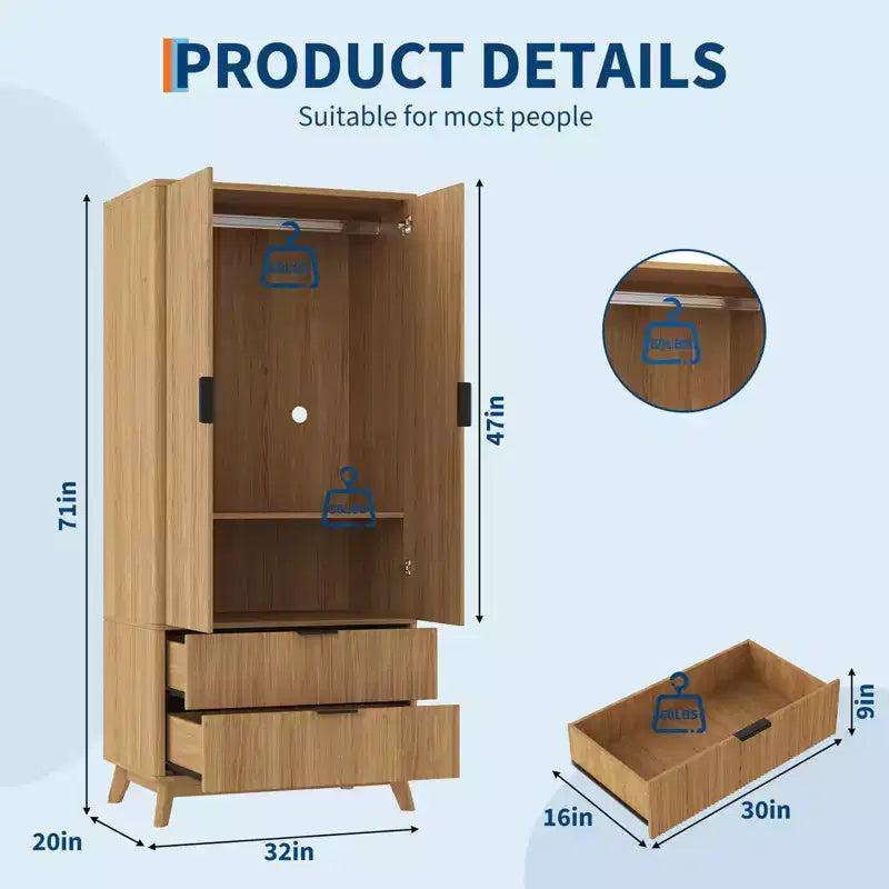 COZONY 71 Armoire Wardrobe Closet with Drawers, Modern Wooden Bedroom Storage Cabinet with Adjustable Shelves & Hanging Rod