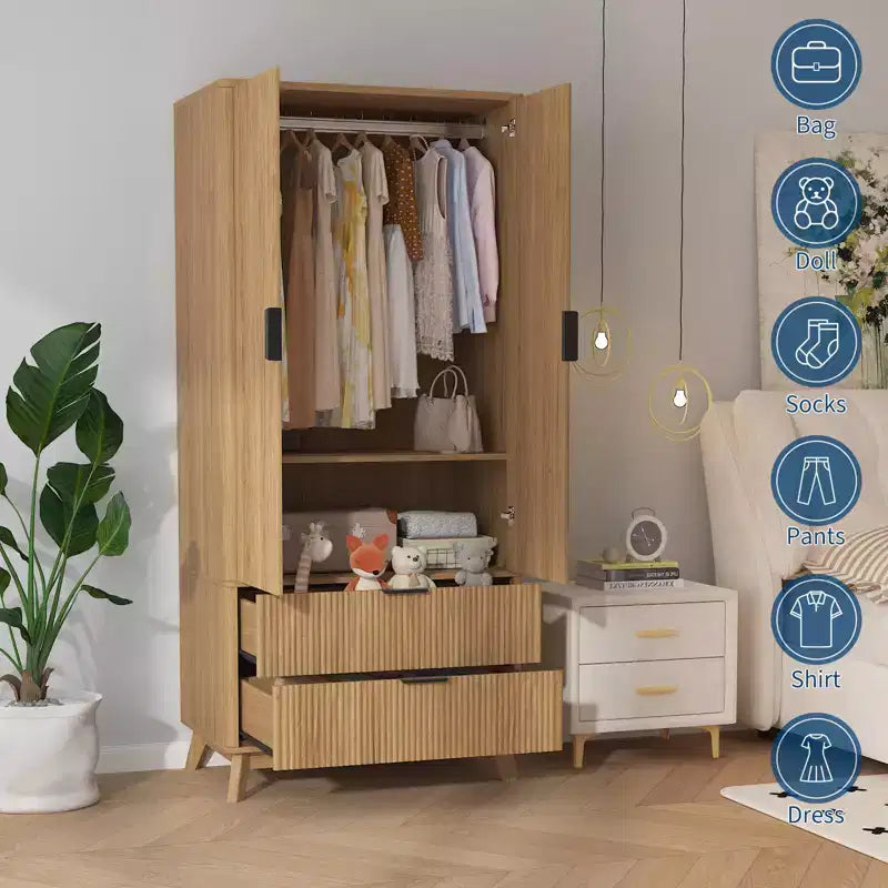 COZONY 71 Armoire Wardrobe Closet with Drawers, Modern Wooden Bedroom Storage Cabinet with Adjustable Shelves & Hanging Rod