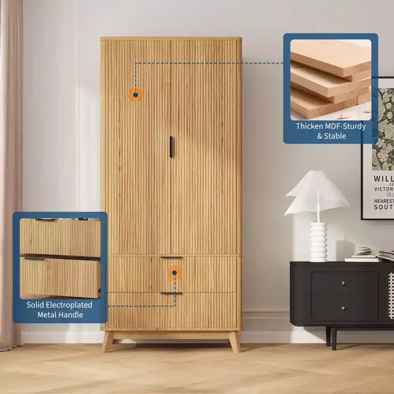 COZONY 71 Armoire Wardrobe Closet with Drawers, Modern Wooden Bedroom Storage Cabinet with Adjustable Shelves & Hanging Rod