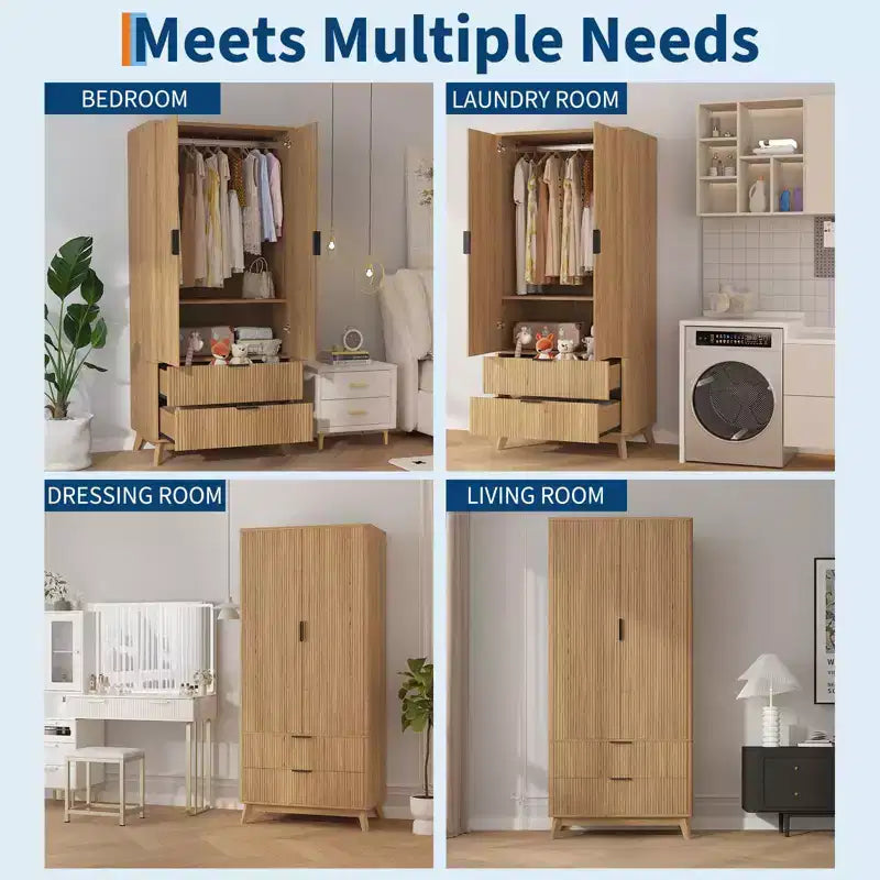 COZONY 71 Armoire Wardrobe Closet with Drawers, Modern Wooden Bedroom Storage Cabinet with Adjustable Shelves & Hanging Rod