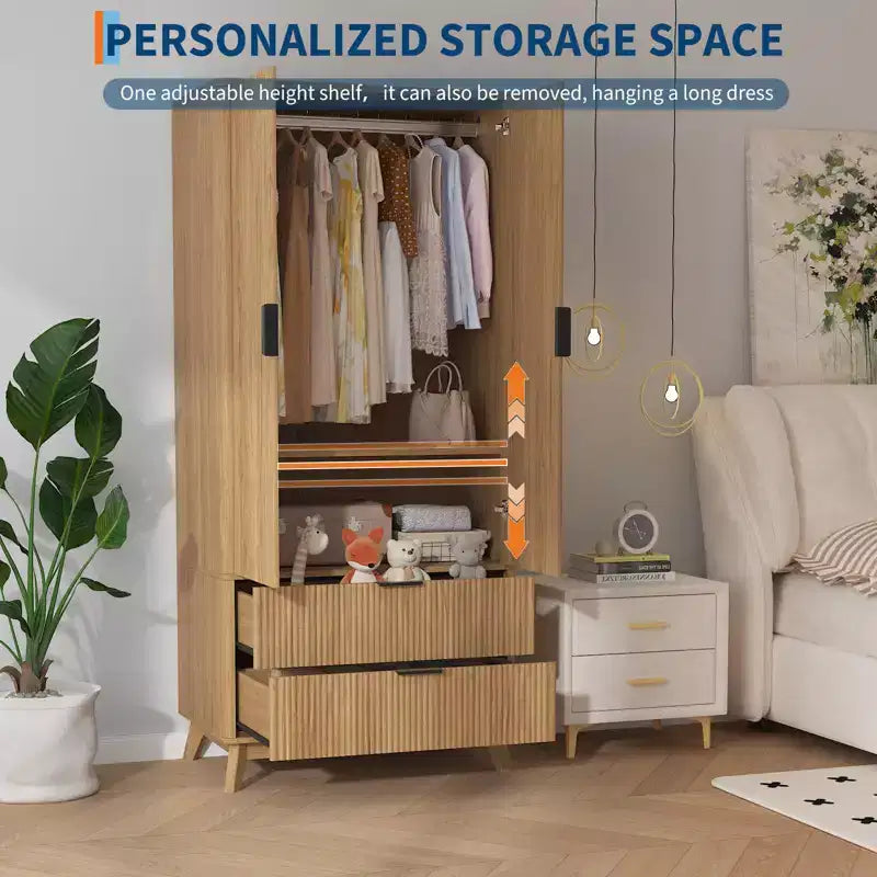 COZONY 71 Armoire Wardrobe Closet with Drawers, Modern Wooden Bedroom Storage Cabinet with Adjustable Shelves & Hanging Rod