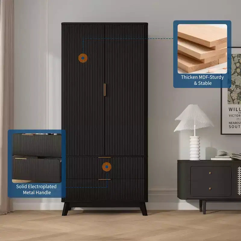 COZONY 71 Armoire Wardrobe Closet with Drawers, Modern Wooden Bedroom Storage Cabinet with Adjustable Shelves & Hanging Rod