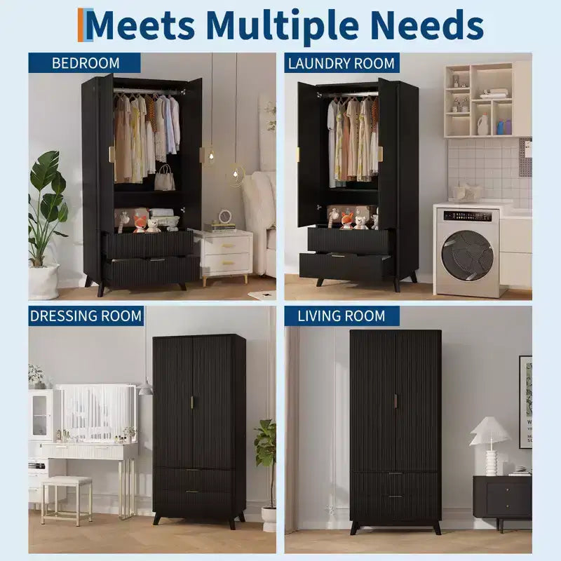COZONY 71 Armoire Wardrobe Closet with Drawers, Modern Wooden Bedroom Storage Cabinet with Adjustable Shelves & Hanging Rod