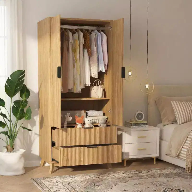 COZONY 71 Armoire Wardrobe Closet with Drawers, Modern Wooden Bedroom Storage Cabinet with Adjustable Shelves & Hanging Rod