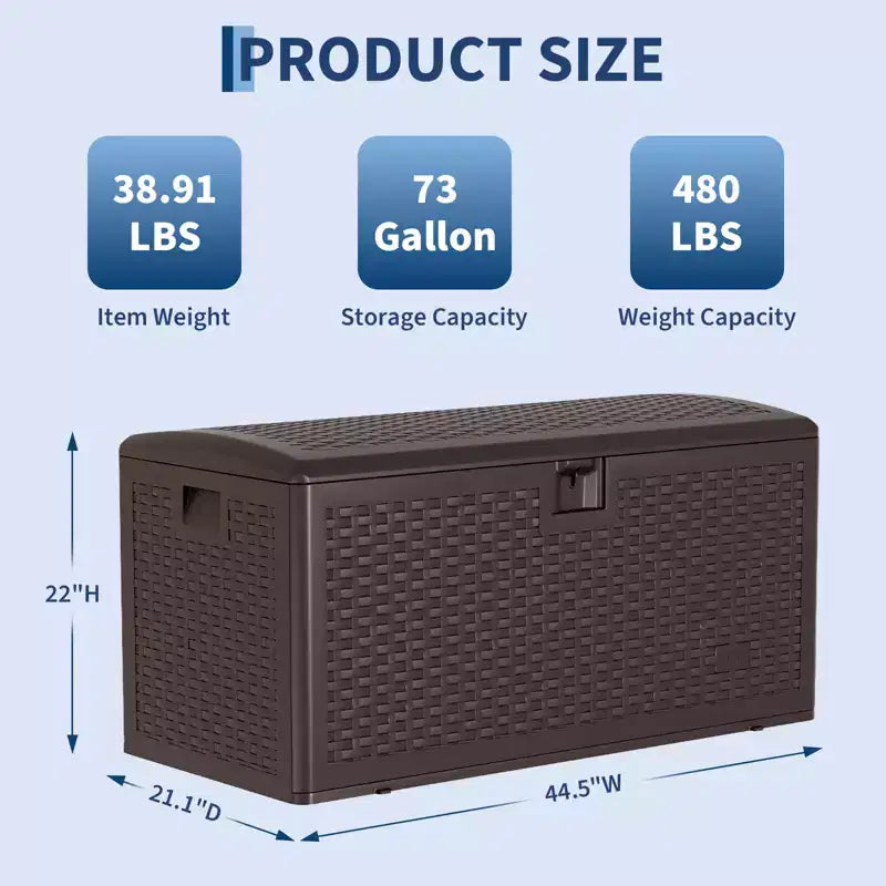 73 Gallon Waterproof Large Resin Deck Box Indoor Outdoor, Lockable Storage Container for Patio Furniture Cushions, Throw Pillows, Garden Tools