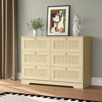 Rattan Dresser with 6 Drawers, Modern Boho Wooden Dresser for Bedroom Storage, Wicker Chest of Drawers with Metal Handles & Wood Legs