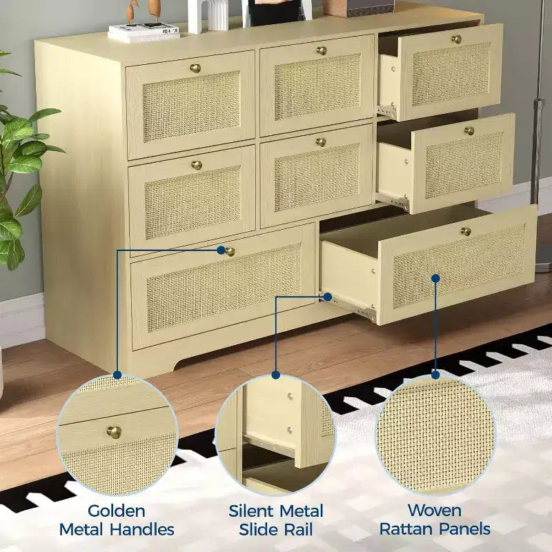 Rattan Dresser with 6 Drawers, Modern Boho Wooden Dresser for Bedroom Storage, Wicker Chest of Drawers with Metal Handles & Wood Legs