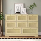 Rattan Dresser with 6 Drawers, Modern Boho Wooden Dresser for Bedroom Storage, Wicker Chest of Drawers with Metal Handles & Wood Legs