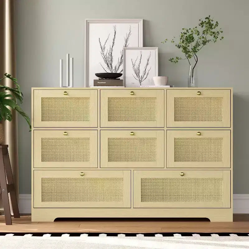 Rattan Dresser with 6 Drawers, Modern Boho Wooden Dresser for Bedroom Storage, Wicker Chest of Drawers with Metal Handles & Wood Legs