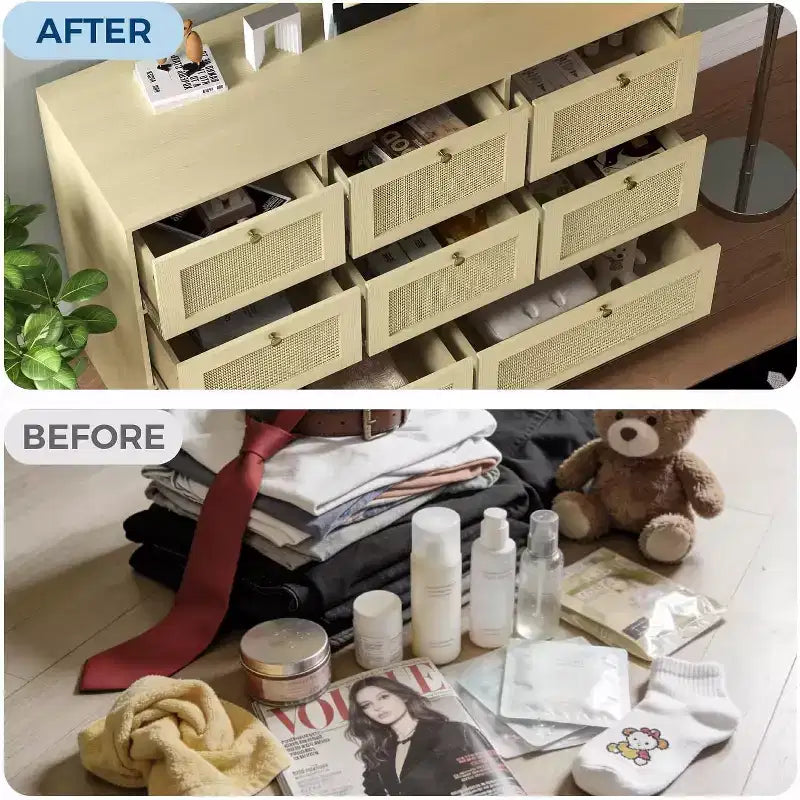 Rattan Dresser with 6 Drawers, Modern Boho Wooden Dresser for Bedroom Storage, Wicker Chest of Drawers with Metal Handles & Wood Legs
