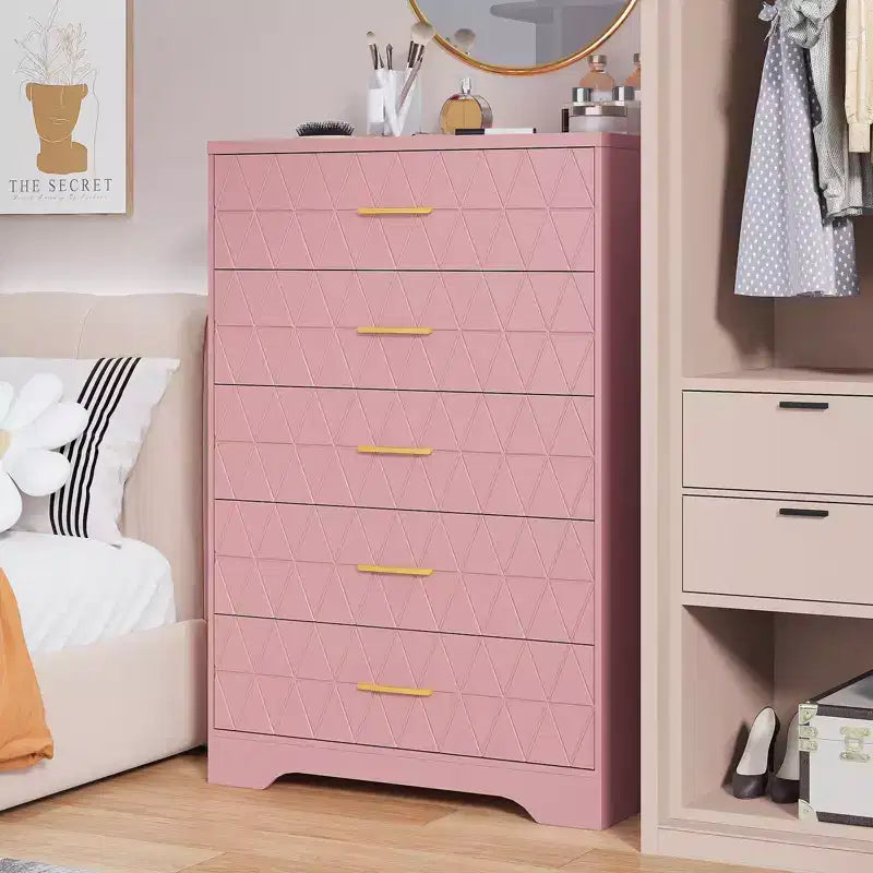5 Drawer Wooden Dressers for Bedroom, Wood Chest of Drawers with Gold Handles for Closet, Modern Nightstand for Bedside, Storage Organizer Cabinet