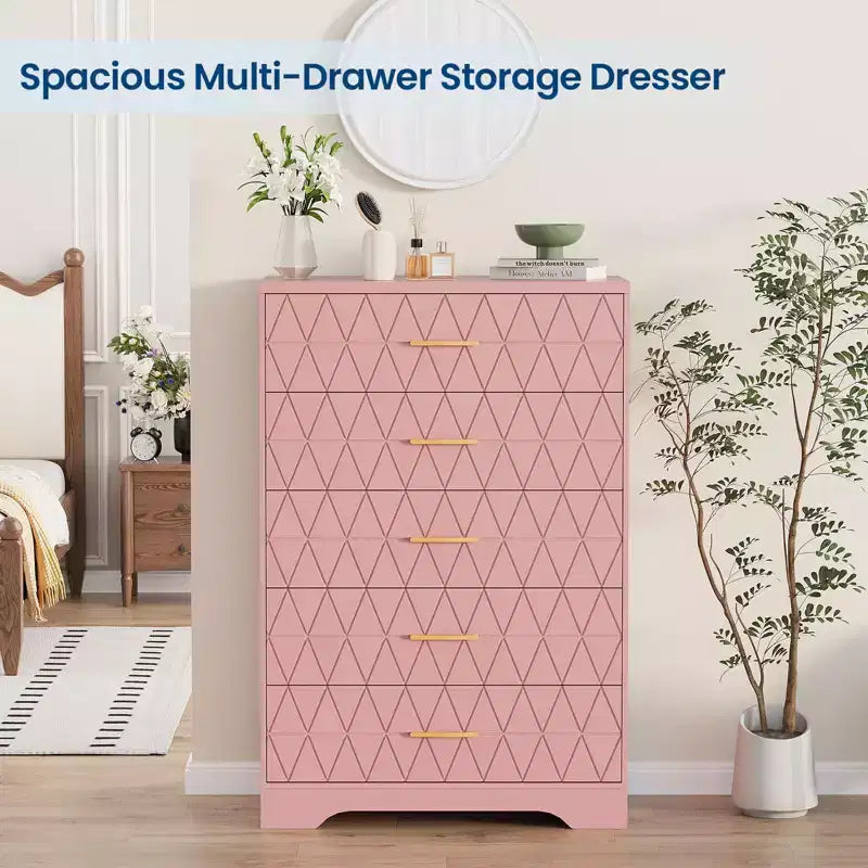 5 Drawer Wooden Dressers for Bedroom, Wood Chest of Drawers with Gold Handles for Closet, Modern Nightstand for Bedside, Storage Organizer Cabinet