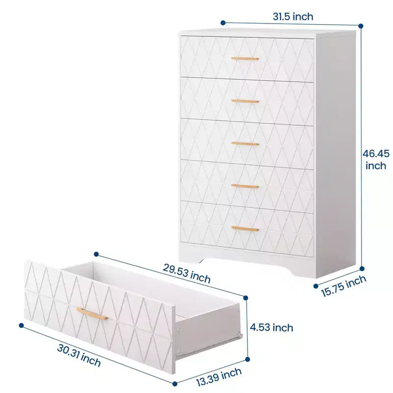 5 Drawer Wooden Dressers for Bedroom, Wood Chest of Drawers with Gold Handles for Closet, Modern Nightstand for Bedside, Storage Organizer Cabinet