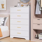 5 Drawer Wooden Dressers for Bedroom, Wood Chest of Drawers with Gold Handles for Closet, Modern Nightstand for Bedside, Storage Organizer Cabinet